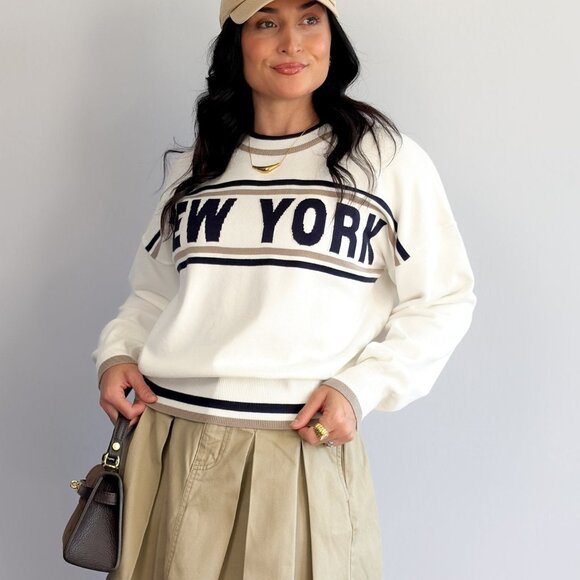 Women’s New York Varsity Knit Sweater – Ivory & Navy - Picture 5 of 10